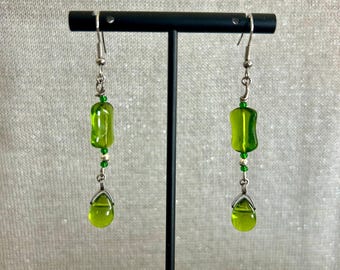 Karachi 2" Earring with Mixed Beads Glass Beads Czech Beads in Peridot Green Tones Strung on 7 Strand Wire with Lobster Claw Clasp Handmade