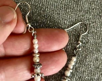 1.25" Faux Pearl and Metal Earring With Mixed Beads Silver and Off White Tones Dangling Earrings Handmade with Care