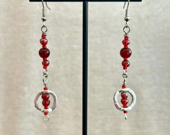 2" Florence Earring Glass Beads Czech Beads Gemstone Beads Red and Silver Colors Handmade Earrings Jewelry Lobster Claw Clasp 7 Strand Wire