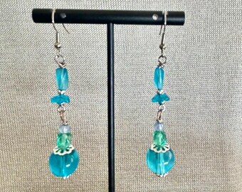 2.125" Venice Earring With Mixed Beads Dangle Glass Beads Faceted Beads Pressed Glass Light Blue Turquoise Blue Jewelry Handmade Jewelry