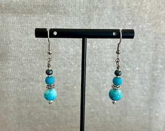 1.25" Melbourne Earring With Mixed Beads Stone Beads Glass Beads Metal Beads with Lobster Claw Clasp Strung on 7 Strand Wire Turquoise Tones