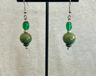 1.25" Istanbul Design With Mixed Beads Glass Beads Ceramic Beads Metal Beads Blue Green Colors Long Earrings Handmade Jewelry