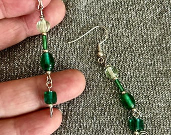 2" Glasgow Earring Glass Beads Bugle Beads Silver Plated Beads Handmade Lobster Claw Clasp 7 Strand Wire in Blue Green Tones
