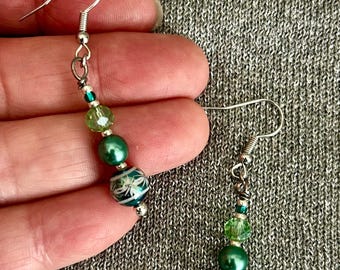 1.5" Phoenix Earring Glass Beads Faceted Beads Czech Beads Metallic Beads Strung on 7 Strand Wire with Lobster Clasp Green Tones Handmade