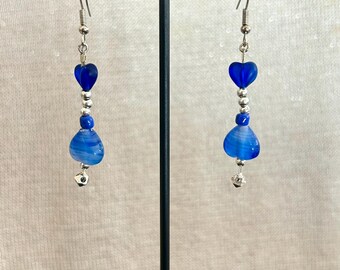 1.75" Oslo Design Mixed Beads Dangling Glass Beads Metal Beads Pressed Glass Dark Blue and Silver Handmade Earrings Jewelry Handcrafted