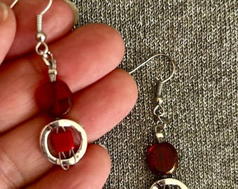 1.25" Port Au Prince Dangle Earring With Mixed Beads Glass Beads Pressed Glass Clear Beads Opaque Beads Red Long Earrings Handmade Jewelry