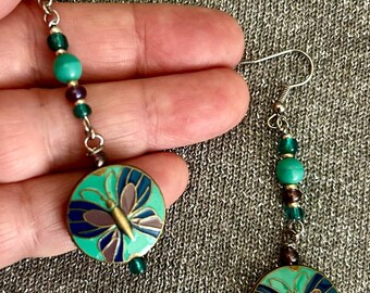 2.25" Dangle Earrings With Mixed Beads Glass Beads Cloisonné Beads Metal Beads Handmade Jewelry Green Tones with Butterfly Design