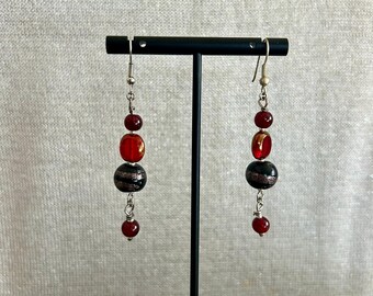 2" Dangle Earring Glass Beads Ceramic Beads Handmade Lobster Claw Clasp 7 Strand Wire in Red and Garnet Tones Handmade with Love Handcrafted