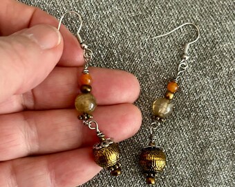 2" Beijing Earring Glass Beads Metal Beads Metallic Beads Gemstone Beads Copper and Orange Colors Handmade Lobster Claw Clasp 7 Strand Wire