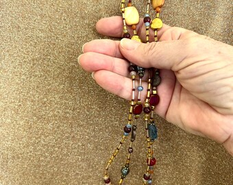 14" Gold Red Blue Double Strand Beaded 7 Strand Wire with Glass Metal and Stone Beads Lobster Claw Clasp Gold Beads Red Beads Blue Beads