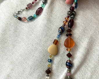 14" Amber Dark Blue Red Brown Single Strand Necklace with Mixed Beads Glass Czech Lamp Work Lobster Claw Clasp on 7 Strand Metal Wire