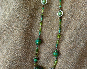 16" Peridot Green Tone Necklace Glass, Metal, Czech, Bugle, Pressed Glass, Lobster Claw Clasp Strung on 7 Strand Metal Wire, Double Strand