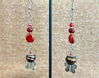 2.5" New York City Earring Mixed Beads Ceramic Beads Glass Beads Czech Beads Red Color Tones Handmade Earrings Jewelry
