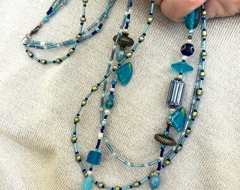 15.5" Turquoise Blue Hand Beaded Necklace Strung on 7 Strand Wire with Glass Beads, Toho Beads, Metal Beads, Ceramic with Lobster Clasp