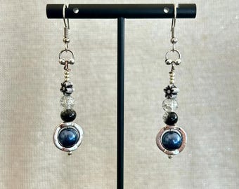 1.75" Sao Paolo Earring Mixed Beads Pearlescent Beads Crackled Glass Beads Pressed Shape Beads Silver Plated Beads Slate Blue and Black