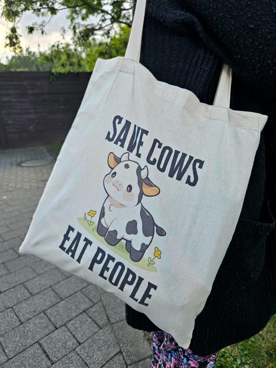 Jutebeutel Save Cows Eat People Geschenkidee für Veganer und Vegetarier mit niedlichem Kuh Motiv kawaii tote bag Tieraktivismus sarkastisch