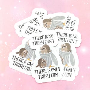 May include: A set of stickers featuring raccoons in trash cans with the text "There is no trash can't" and "There is only trash can".