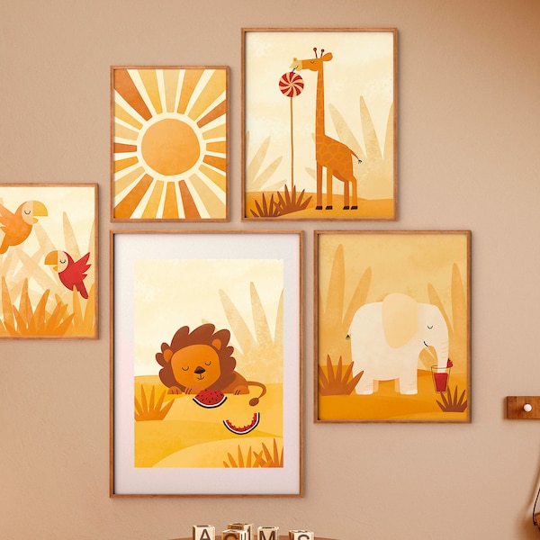 Lot De 5 Affiches Pour Chambre Enfant - Fabriqué En France - Papier Recyclé FSC - Thèmes Animaux (bleu, Rose, Vert, Jaune) - 8