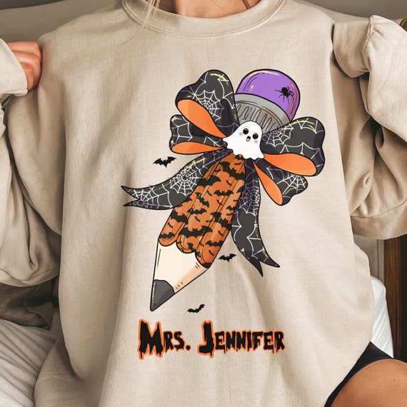 Halloween Back to School, Custom Teacher, Halloween Coquette Bow, Back to School Shirt, Coquette Pencil, Trendy Halloween, Custom Maestra