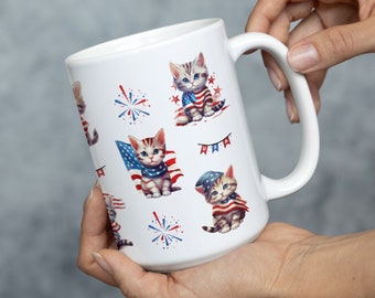 4th of July Mugs, Cute Coffee Mug, 4th July Cat Mug , Cat Coffee Cup, Cat Lovers, Coffee Cup, Cat Lover Gifts, Ceramic Mug 11oz, 15oz