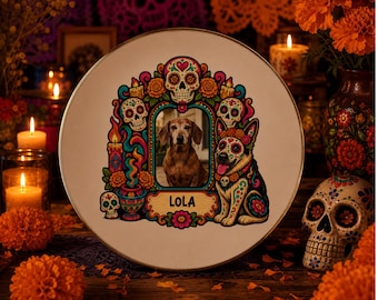 Portagioie commemorativo personalizzato per animali domestici, piatto ofrenda personalizzato con foto del cane, ricordo del Dia de los Muertos con teschio di zucchero, regalo di condoglianze per la perdita di un animale domestico
