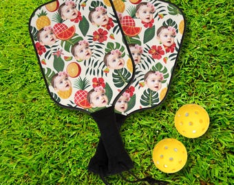 Custom Baby Face, Personalized Pickleball, Custom Hawaiian with Face, Pickleball Set with Carrying Case, Custom Wooden PickleBall Paddle Set
