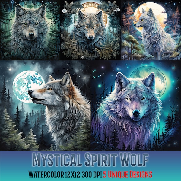 Spirit Wolf Watercolor Clipart Bundle - 5 JPG,Mystical Animals,Fantasy Magical Graphics,Watercolor Wolf,Instant Download,Commercial Use