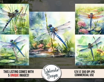 5 Watercolor Dragonflies, Instant Download, Digital Paper, Sublimation Designs, Faux Watercolor, Mug Print, Gift, Tumbler Wrap JPEG