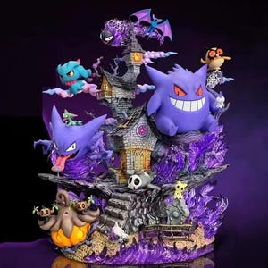 May include: A detailed statue featuring various Pokémon characters, including Gengar, Haunter, and Gastly, surrounding a spooky, detailed castle. The statue has a purple and orange color scheme, with a dark, fantasy theme. The characters are posed dynamically.