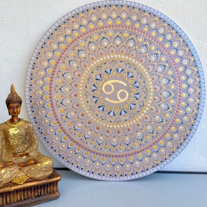 Dot art round mandala with Cancer zodiac sign, Original hardboard wall painting, Boho style wall art, Sacred geometry art with gold Torus
