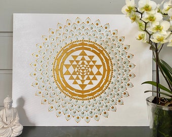 Gold Sri Yantra Dot Art: Handmade Sacred Geometry Canvas (40x50 cm)