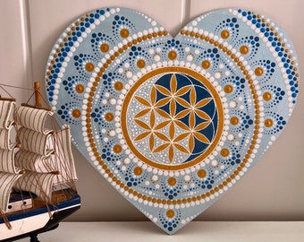 Mandala bleu et or en forme de coeur de géométrie sacrée avec fruit de vie et Yin Yang, peinture originale sur panneau dur, art mural Dot art style boho