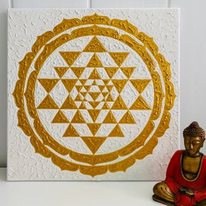 Golden white Sri Yantra canvas painting, Acrylic texture yantra wall art, Meditation tool, Yoga wall art, Original unique wall art decor