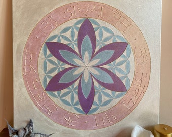 Sacred geometry mandala based on Flower of Life with mantra Aham Prema on stretched canvas, Original single-piece artwork, Meditation tool