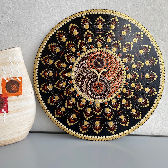 Dot Art Round Red Orange Mandala With Aries Zodiac Sign, Yin Yang 