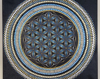 Blume des Lebens Punktmalerei: Blau Gold Heilige Geometrie Leinwand