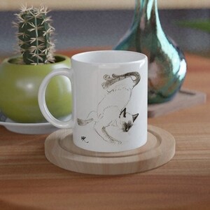 Stretching Siamese Cat Coffee Mug Watercolor printed on a ceramic cup by Terry Kirkwood