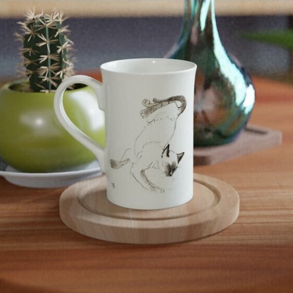 Stretching Siamese Cat Watercolor printed on a Porcelain Mug By Terry Kirkwood