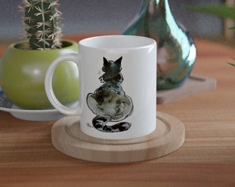 Tortoiseshell Cat Mug, Watercolor Art, Ceramic Coffee Cup