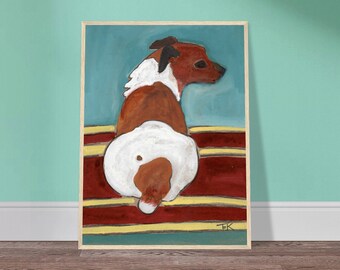 May include: A painting of a brown and white dog sitting on a red and yellow striped rug. The dog is facing away from the viewer and has its head turned to look back at the viewer. The painting is done in a stylized, almost cartoonish style.