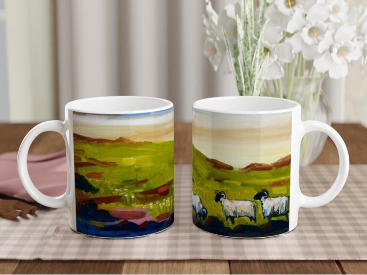 Gruinard Bay with Black Sheep Wester Ross - Scottish landscape. Oil painting printed on a ceramic mug by Terry Kirkwood