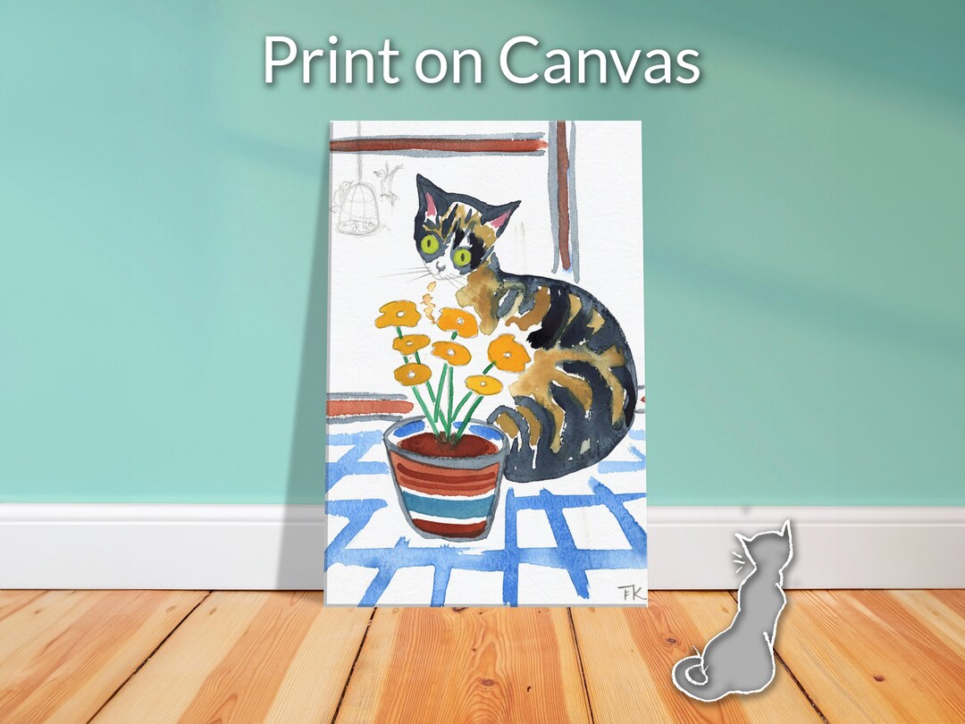 Tabby Cat With Flowers, Watercolor Art Print on Canvas - Etsy