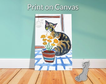 Striped Tabby Cat with flowers on Canvas, Calico cat Watercolor Wall Art print by artist Terry Kirkwood