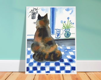 Calico Cat Print Wall Art, Fluffy Long-haired Tortoiseshell Watercolor Tabby Watching Birds, Art Gift for Cat lovers, Framed Terry Kirkwood