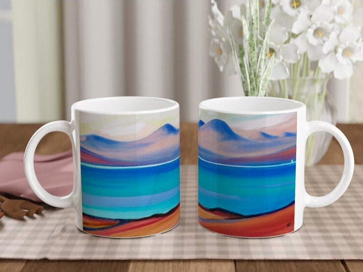 Paps of Jura from Islay Mug. Scottish landscape Oil painting printed on a ceramic mug by Terry Kirkwood