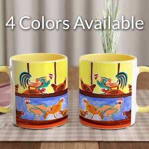 Roosting hens Mug, Colourful Chicken and rooster coffee cup, watercolor printed on ceramic mug by Terry Kirkwood