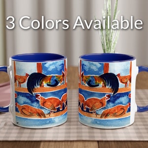 Roosting Chickens Mug, Colourful hens and rooster coffee cup, watercolor printed on ceramic mug by Terry Kirkwood