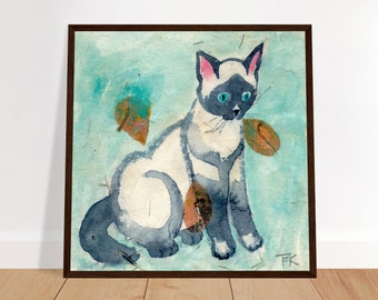 Cute Siamese Kitten Print, Cat Wall Art, Green Watercolor Cat & Leaves, Art Gift for Cat lovers, Framed, Funny Cat, by Terry Kirkwood