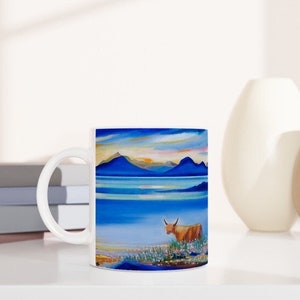 Highland cow mug, Isle of Skye, Scottish landscape Oil painting printed on a ceramic mug by Terry Kirkwood