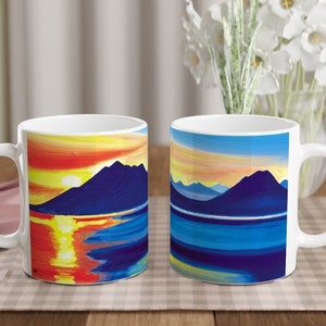 Sunset Elgol, Scottish landscape on the Isle of Skye. Oil painting printed on a ceramic mug by Terry Kirkwood